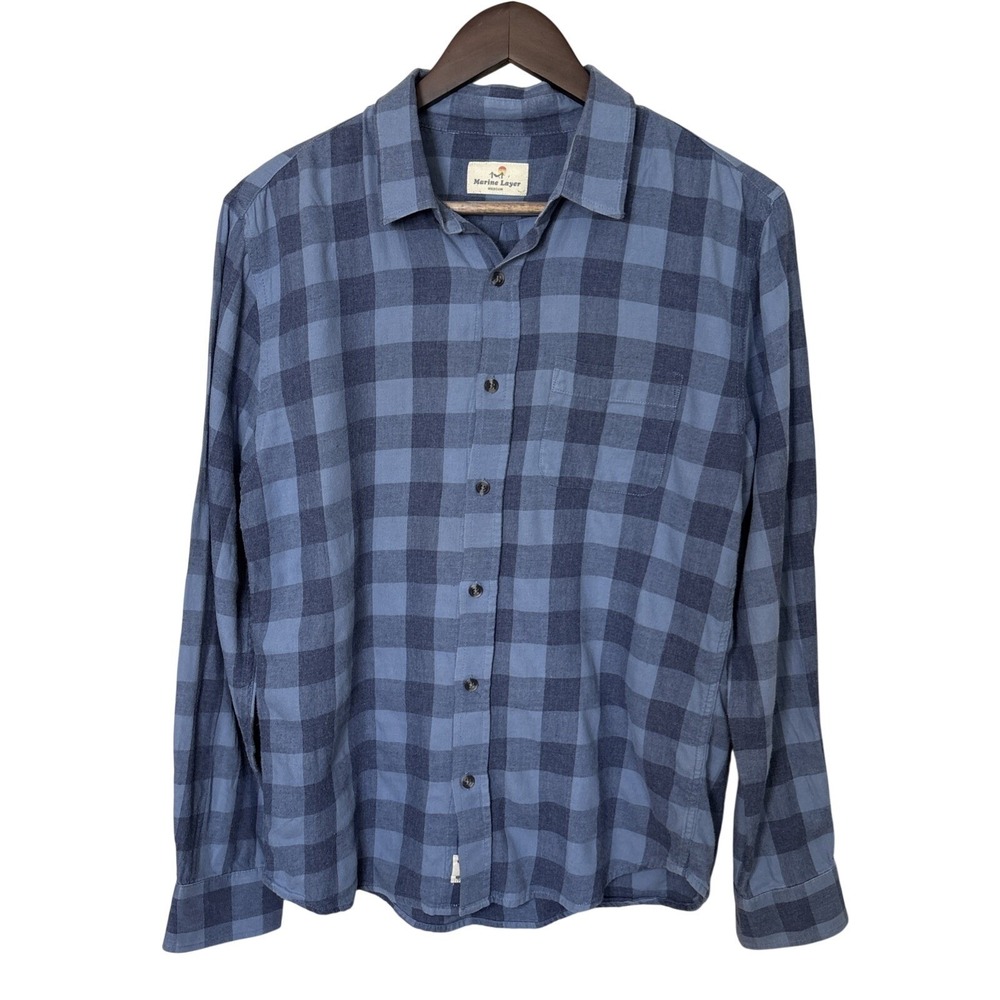 Marine Layer Men's Medium Blue Buffalo Plaid Cotton Flannel Button Down Shirt